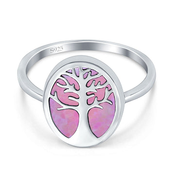 Oval Tree of Life Ring Lab Created Pink Opal Rhodium Plated 925 Sterling Silver
